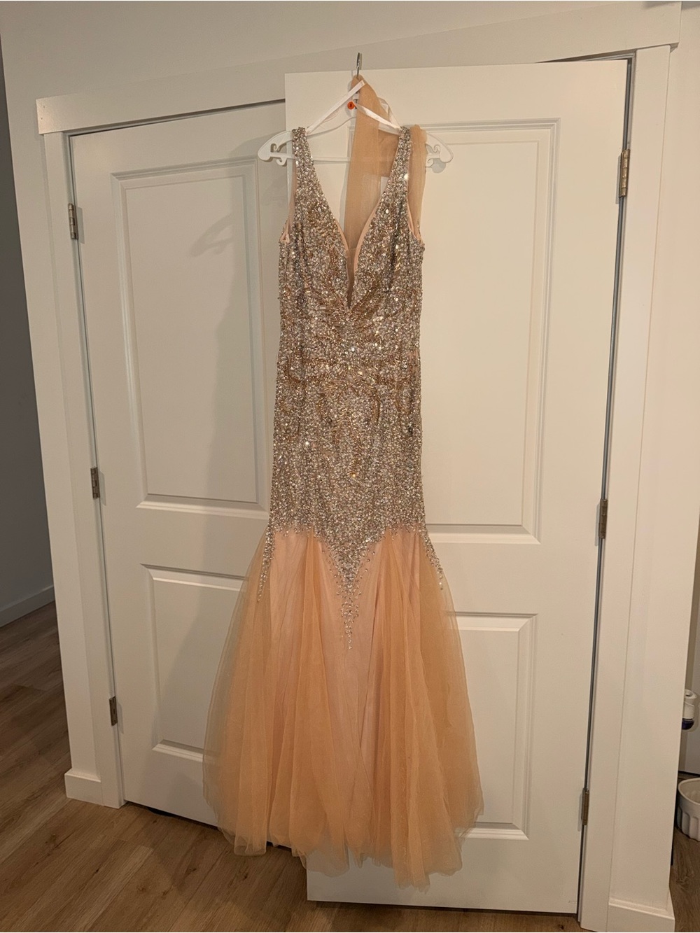 Beaded V-Neck Peach Evening Gown